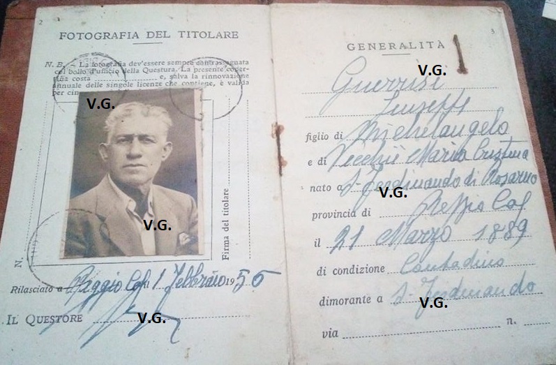 Carta d’identità di Giuseppe Guerrisi del 1889.